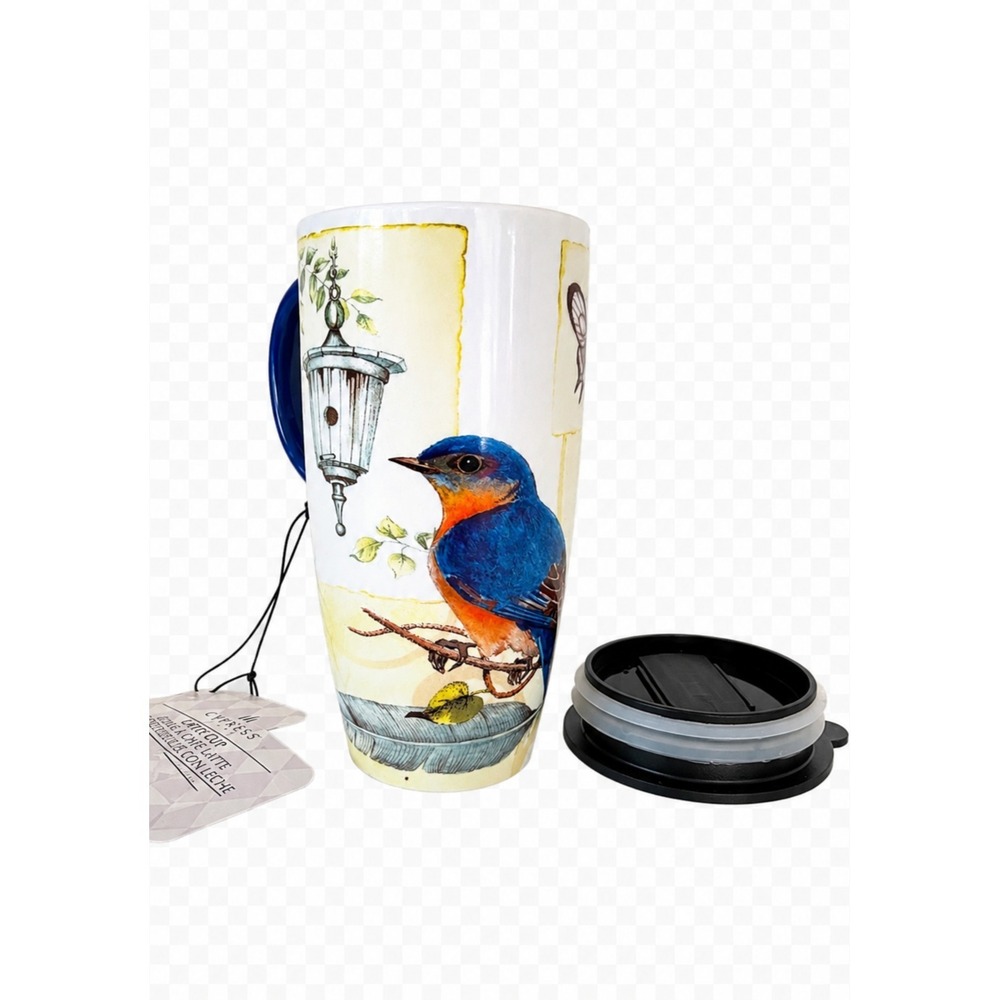 Cypress Latte Travel Mug, Blue Bird & Butterflies 19oz by Sandy Lynam Clough NEW